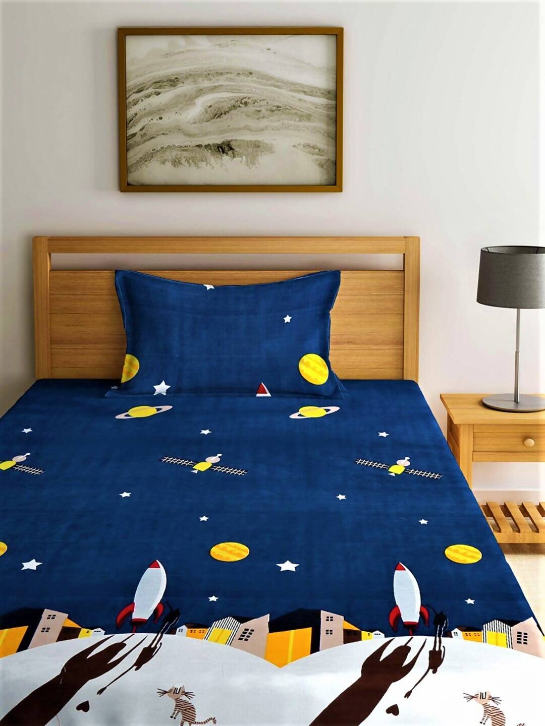 Home Sizzler Blue & Yellow Cartoon Characters 144 TC Bedsheet with Pillow Covers