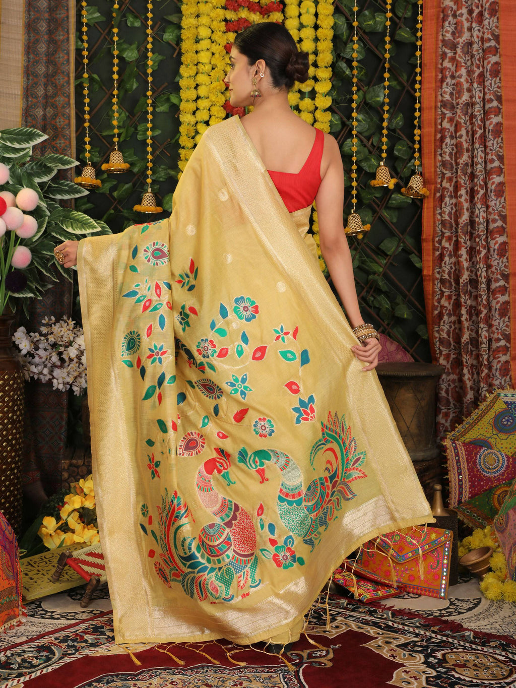 Shree Shyam Fashion Linen Cotton Yellow Saree - Distacart