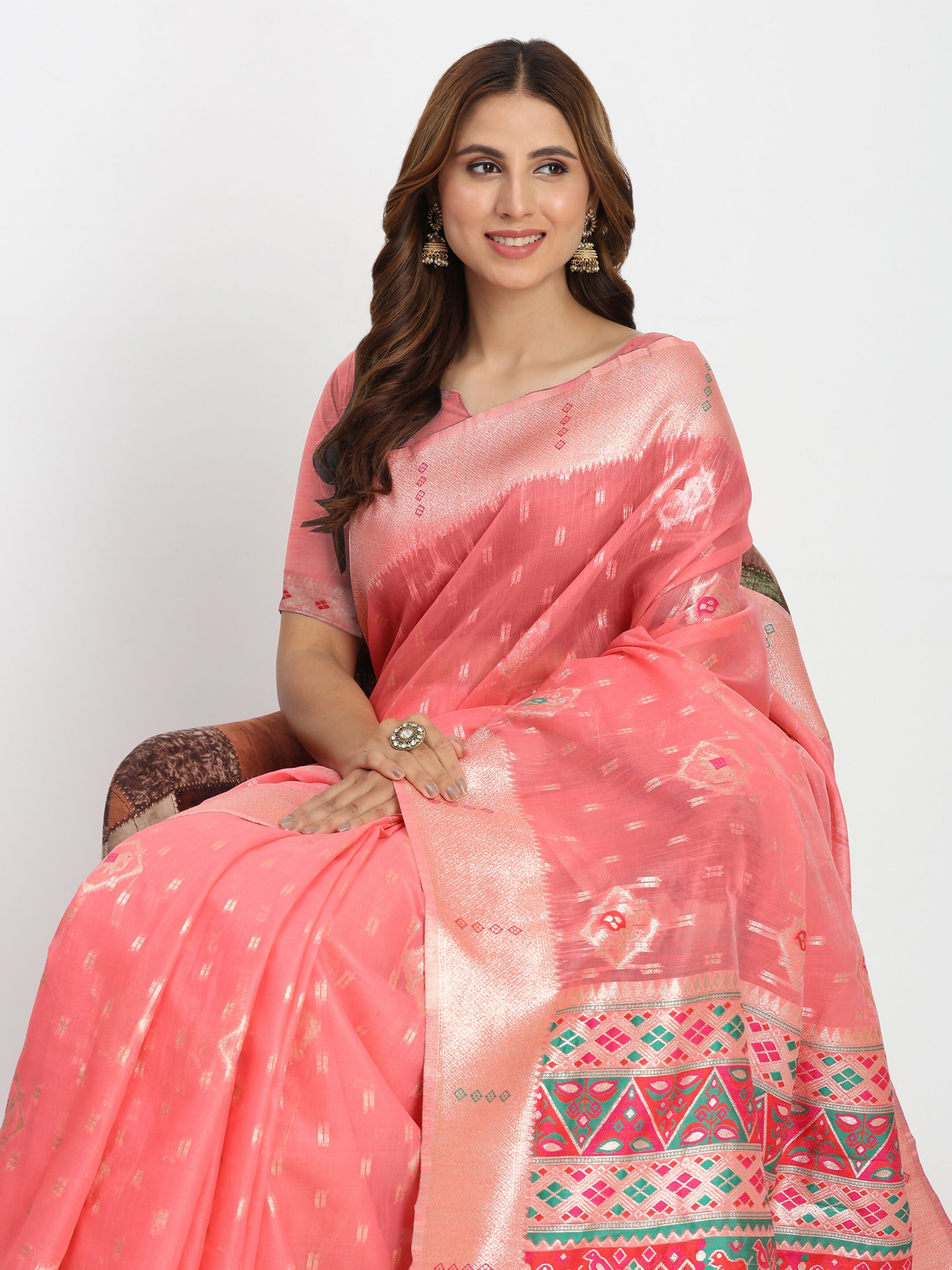 Shree Shyam Fashion Linen Cotton Peach Saree - Distacart