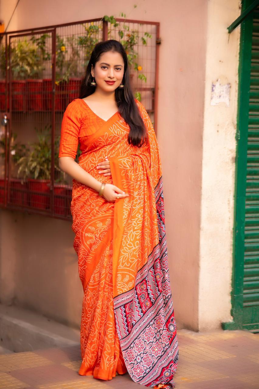 Orange Silk Blend Ajrak Saree with Unstitched Blouse - A2M