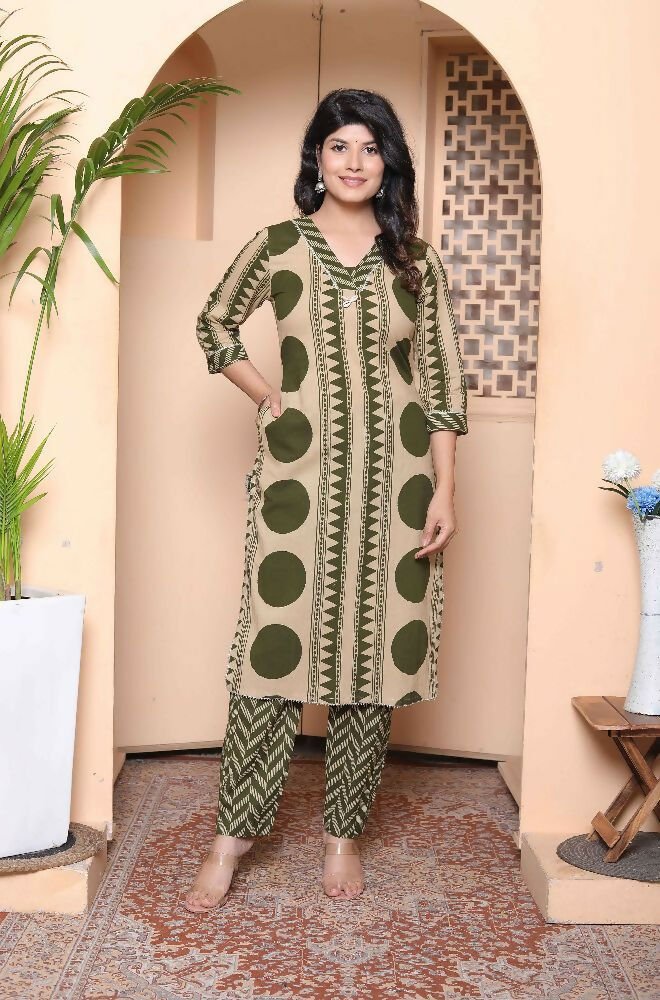 Miravan Womens Straight Polka Dot Printed Green Kurta With Palazzo - Distacart