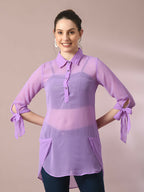 Myshka Women's Lavender Solid Georgette Longline Party Sheer Tunic