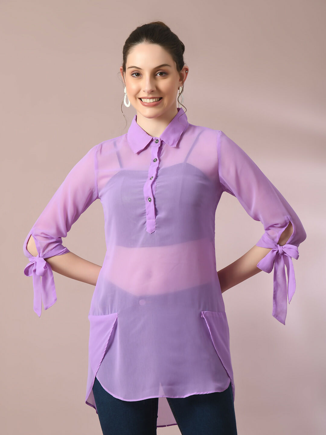Myshka Women's Lavender Solid Georgette Longline Party Sheer Tunic