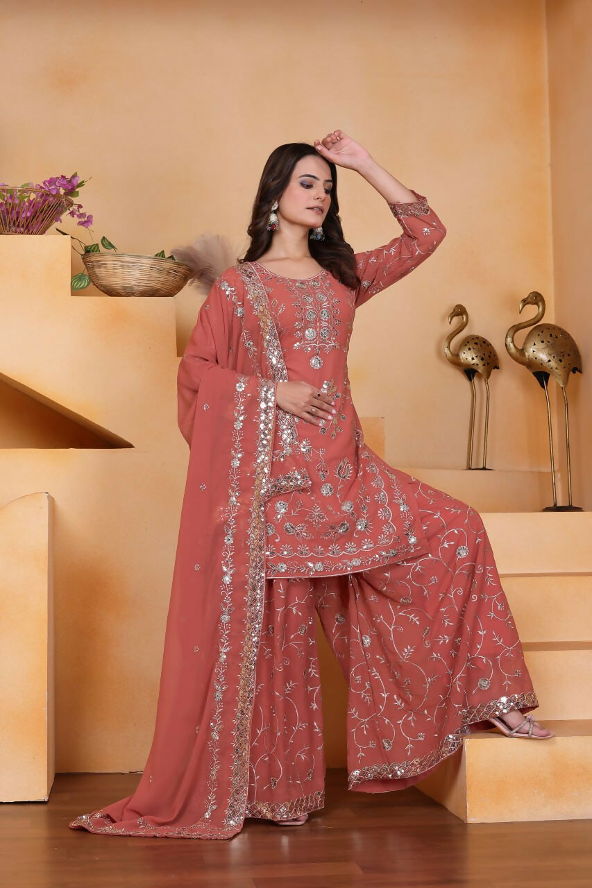 Joban Fashion Pink Georgette Embroidered Sharara Set - Distacart
