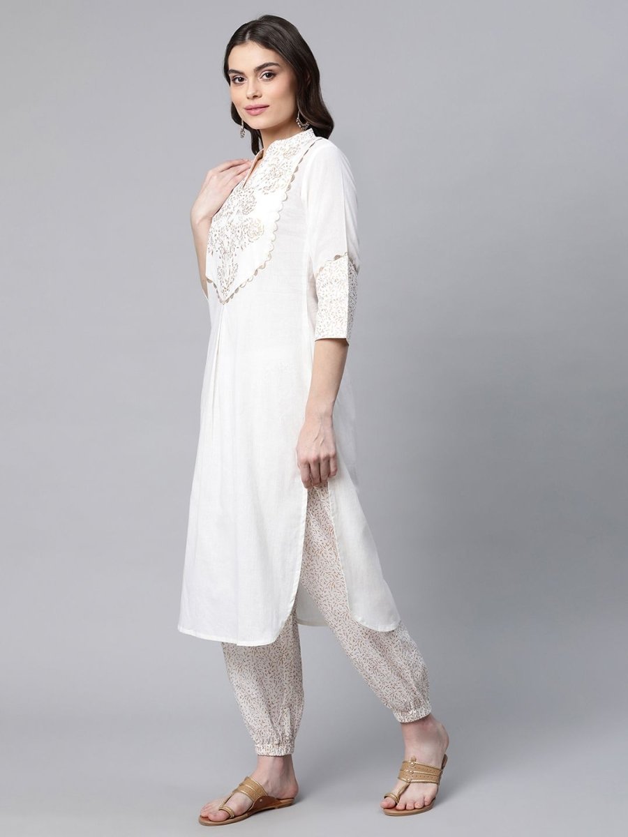 Ahalyaa Women Offwhite Pure Cotton Printed Kurta With Trousers - Distacart