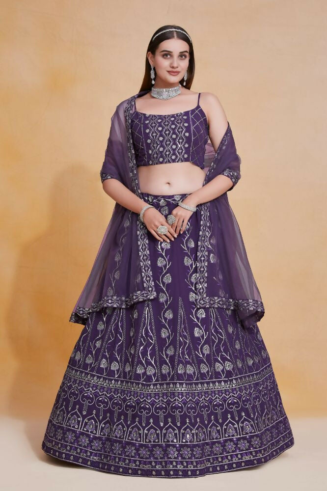 Purple Zari Sequence Embroidery Georgette Lehenga Choli - Jihu Culture
