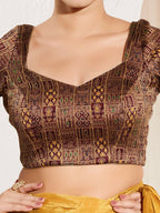 Joban Fashion Dark Maroon Brocade Padded Blouse With Round Neck Elbow Sleeves - Distacart