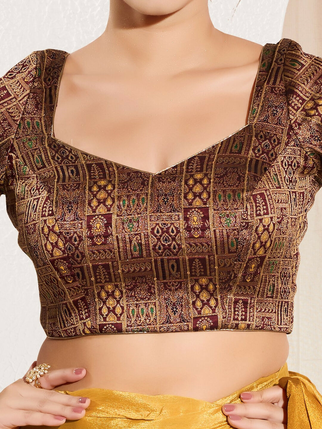 Joban Fashion Dark Maroon Brocade Padded Blouse With Round Neck Elbow Sleeves - Distacart