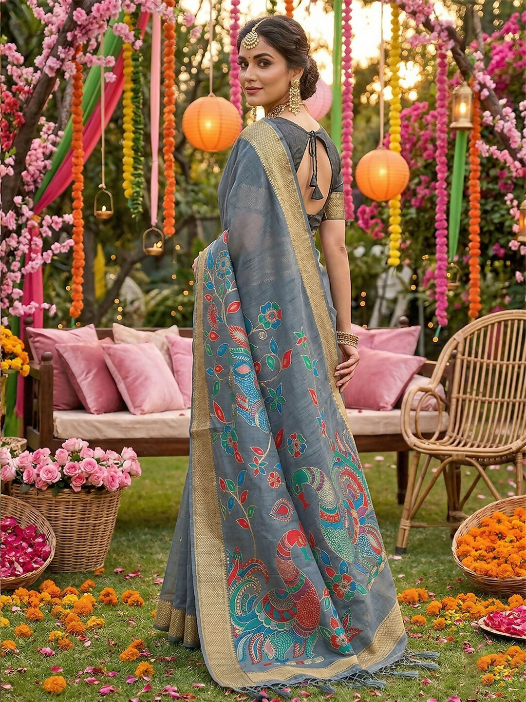 Shree Shyam Fashion Gray Linen Cotton Saree - Distacart
