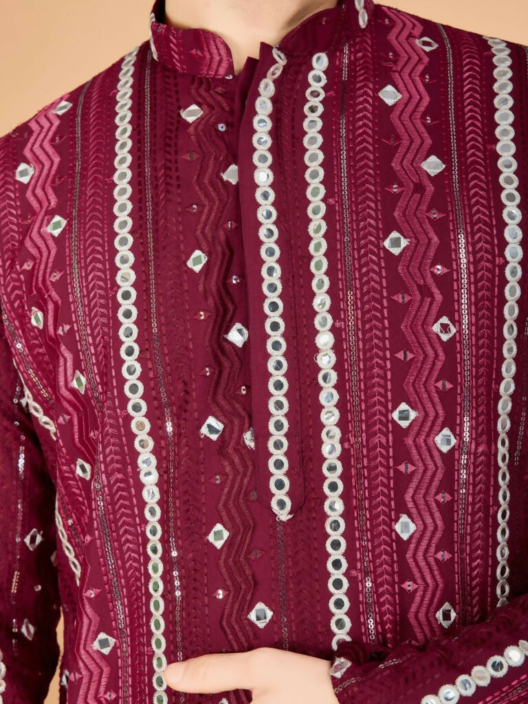 Vastranavya Maroon Exclusive Festival Wear Pure Viscose Rayon Sequence & Foil Mirror Heavy Embroidered Work Kurta