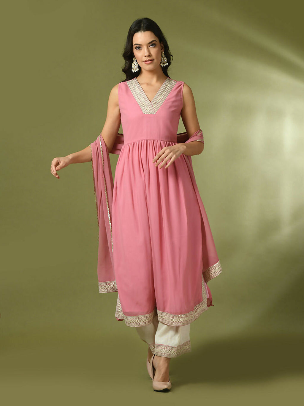Myshka Women's Pink Solid Georgette Anarkali Party Kurta Set With Dupatta