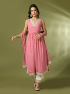 Myshka Women's Pink Solid Georgette Anarkali Party Kurta Set With Dupatta