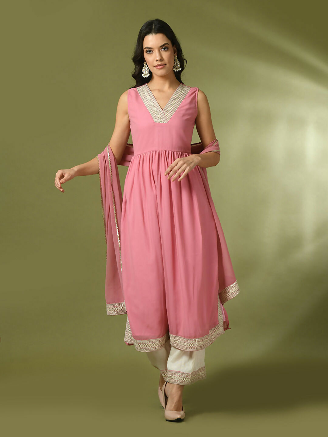 Myshka Women's Pink Solid Georgette Anarkali Party Kurta Set With Dupatta