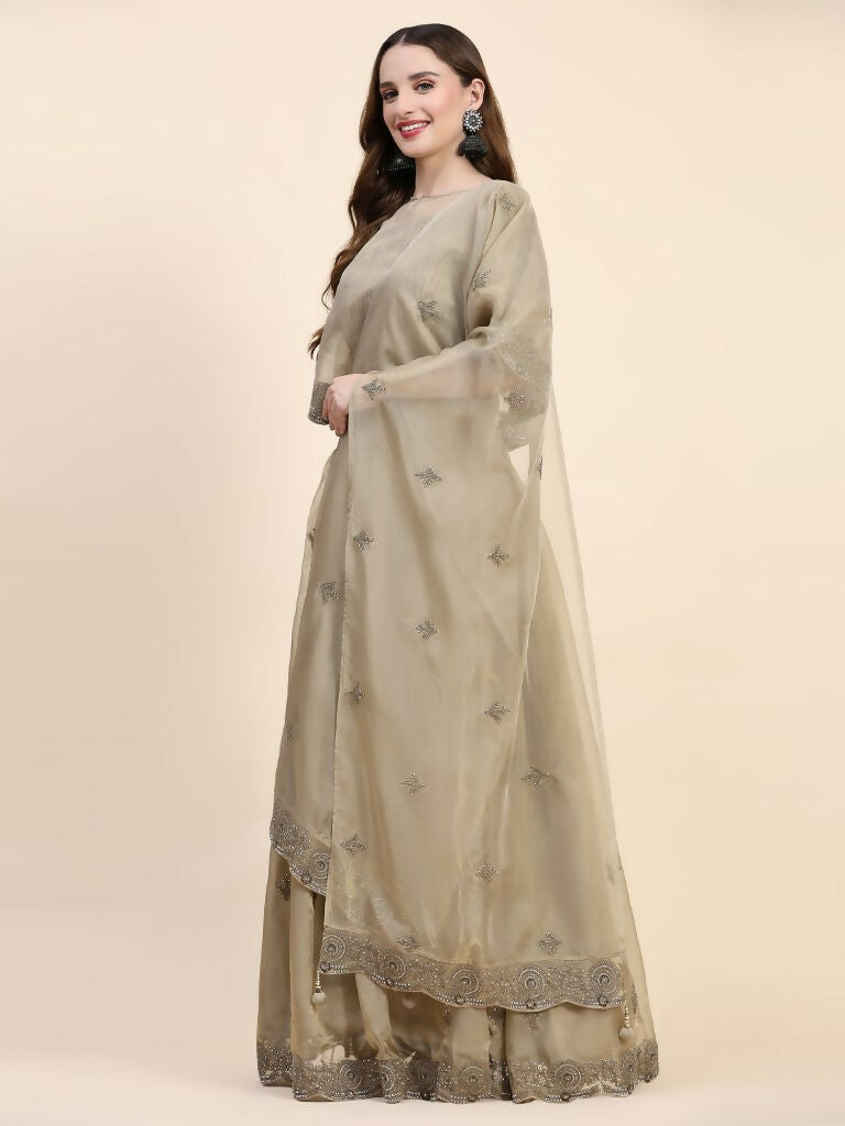 Green Silk Embroidered Poncho Pattern Top & Lehenga with Dupatta - Tanya