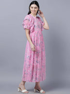 Myshka Women Pink Printed Fit and Flare Dress - Distacart