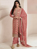 Anaita Peach Viscose Muslin Stitched Suit with Sequence & Zari Work - Distacart