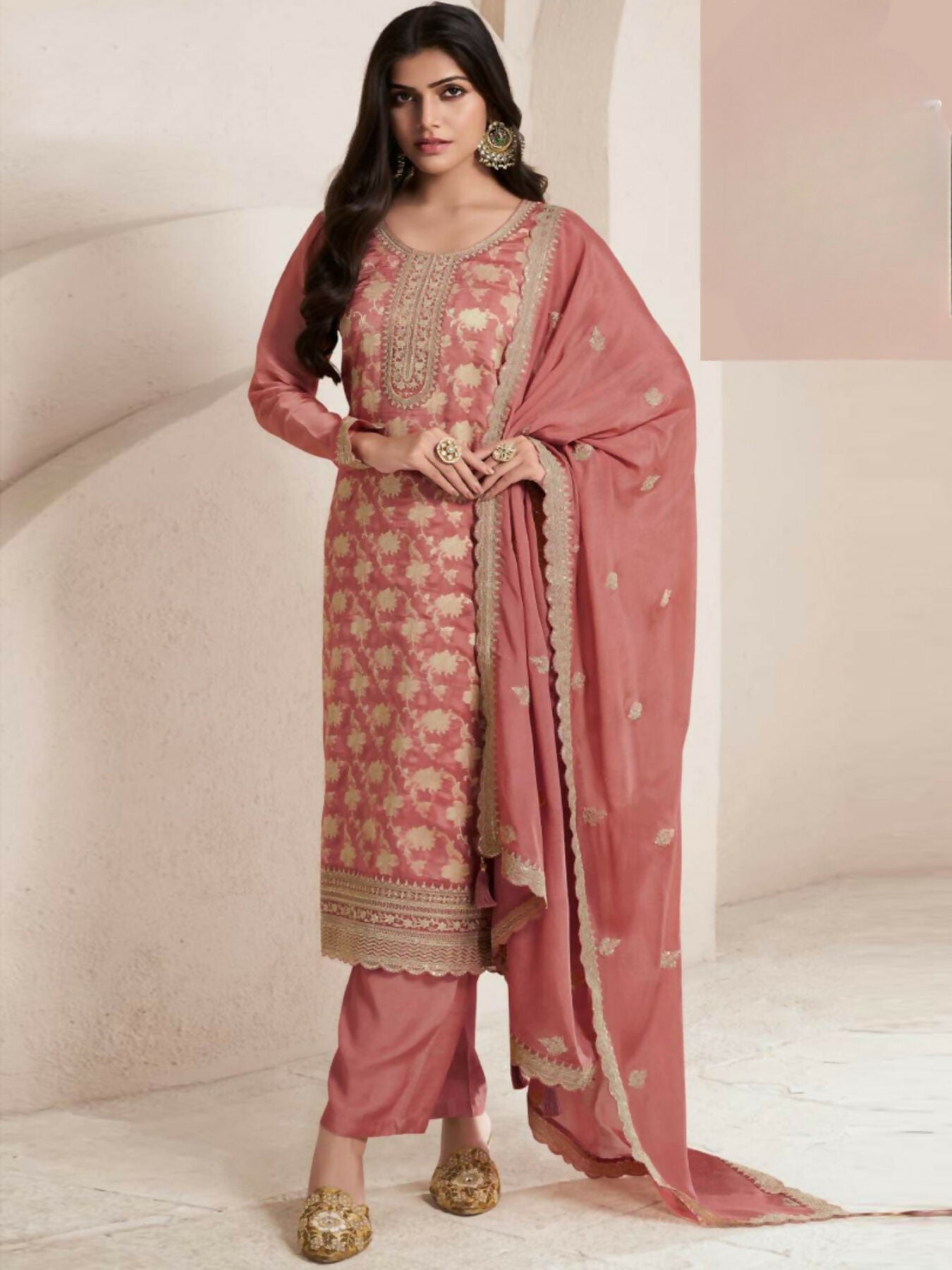Anaita Peach Viscose Muslin Stitched Suit with Sequence & Zari Work - Distacart