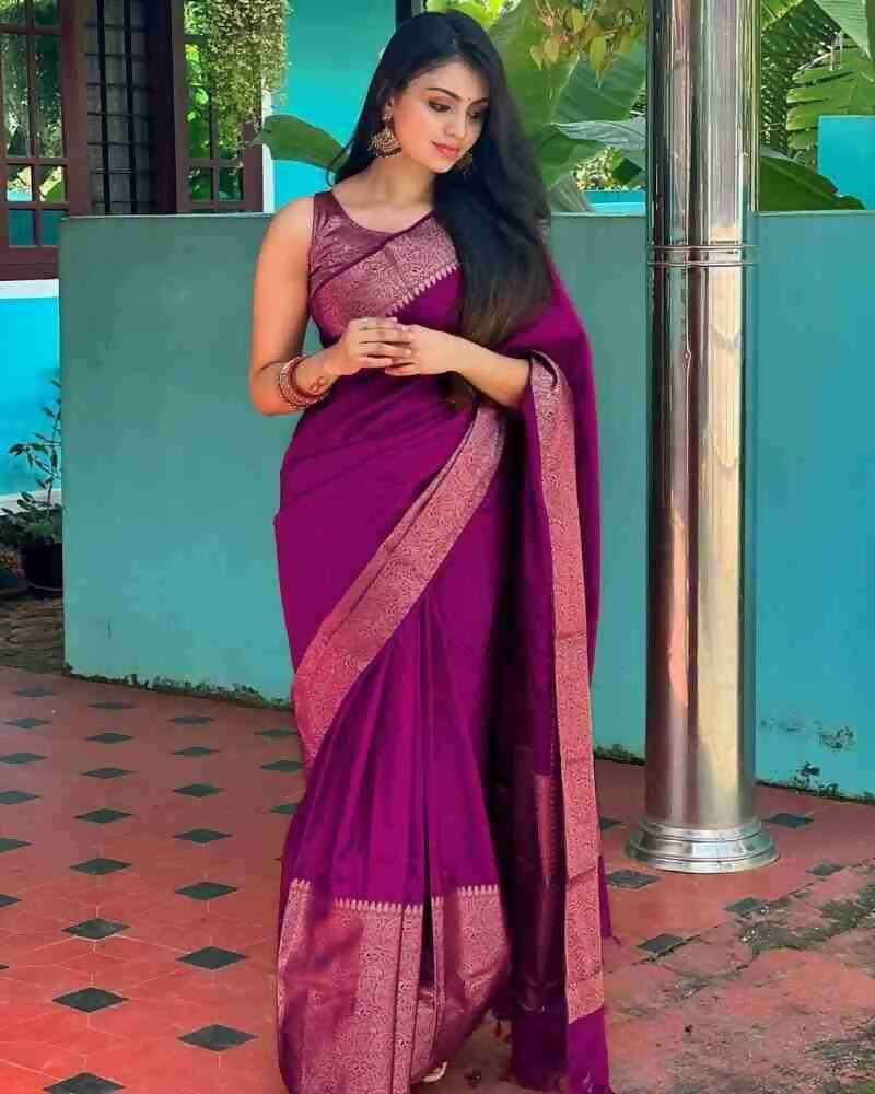 DEIANA'S Beautiful Designer Golden zari Soft Lichi Silk Saree - Wine
