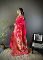 Joban Fashion Rani Pink Zari Woven Floral Motifs Soft Silk Paithani Silk Saree - Distacart