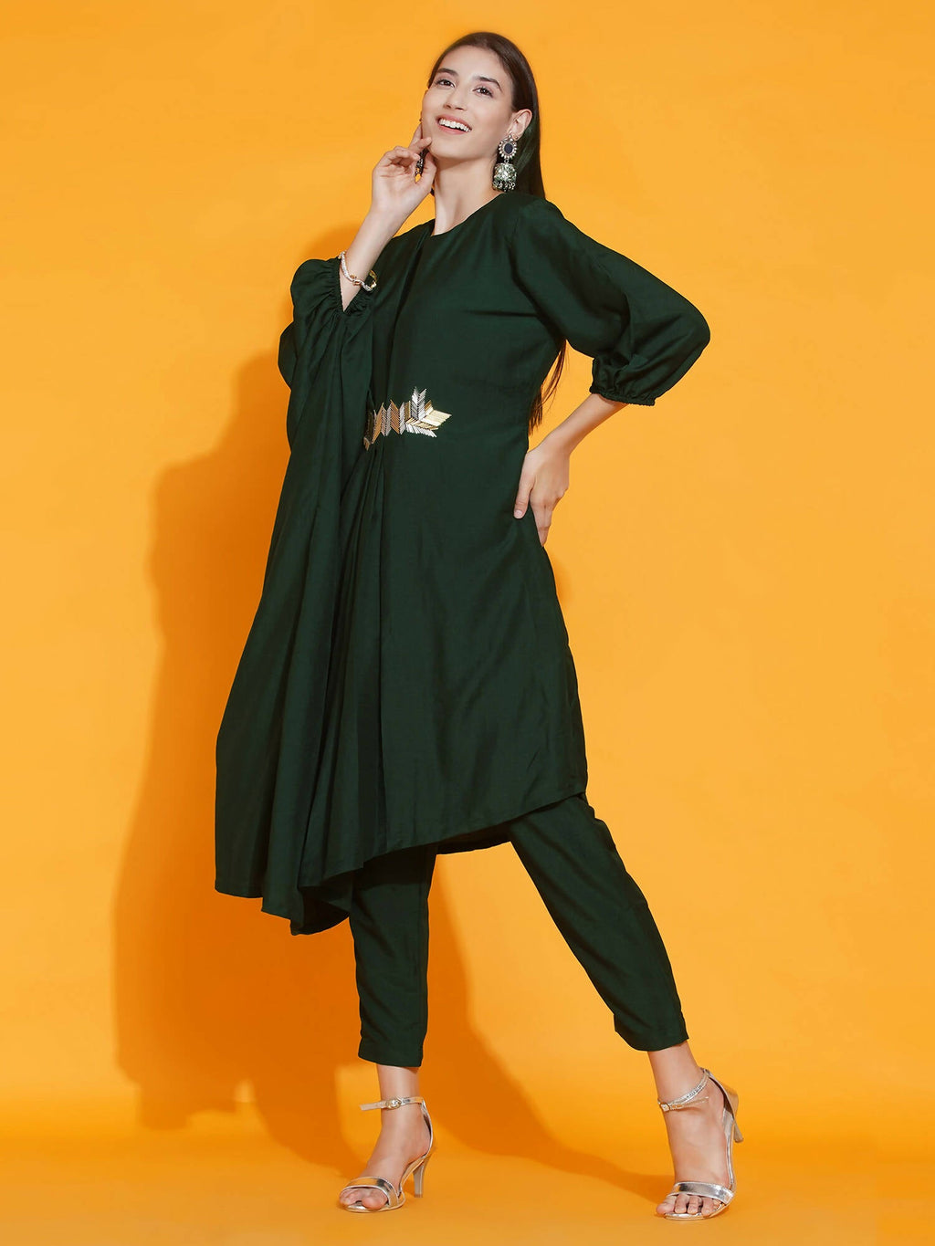Women Republic Green Fusion Style Kurta With Hand Embellishment And Pants - Distacart
