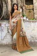 Joban Fashion Olive Green And Ivory Pure Crepe Pure Handloom Banarasi Silk Saree