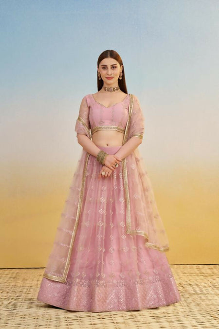 Aastha Fashion Pink Butterfly Net Tone To Tone Cotton Thread Work And Sequence Work Embroidery Wedding Wear Lehenga Choli