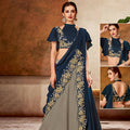 Grey, Blue Dual Tone Silk Georgette Thread, Ribbon Embroidery, Handwork Semi-Stitched Lehenga Saree - Mohmanthan Dezzy