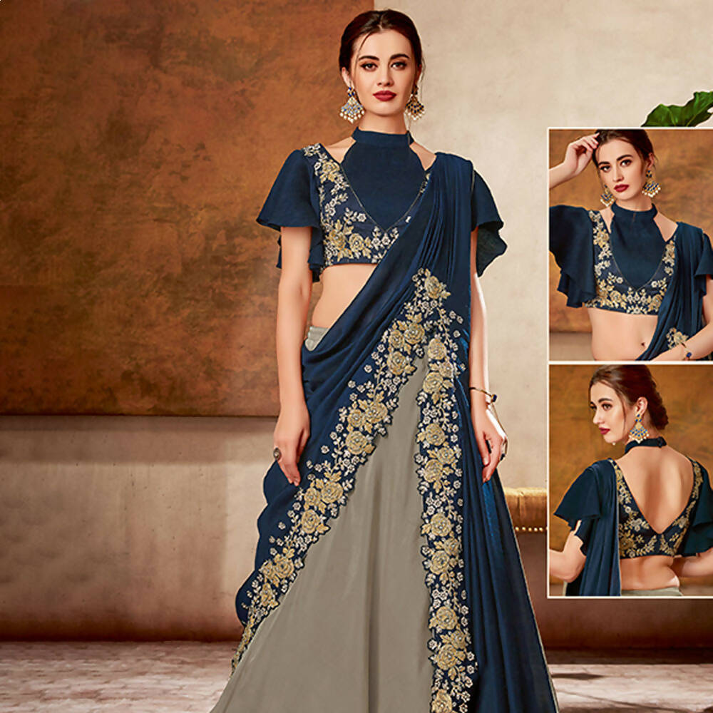 Grey, Blue Dual Tone Silk Georgette Thread, Ribbon Embroidery, Handwork Semi-Stitched Lehenga Saree - Mohmanthan Dezzy