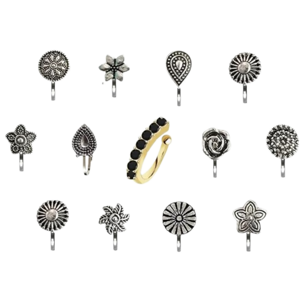 Thanu's Craft Oxidised Nose Pin Ring Studs Black Metal Germam silver Nosepin for Women