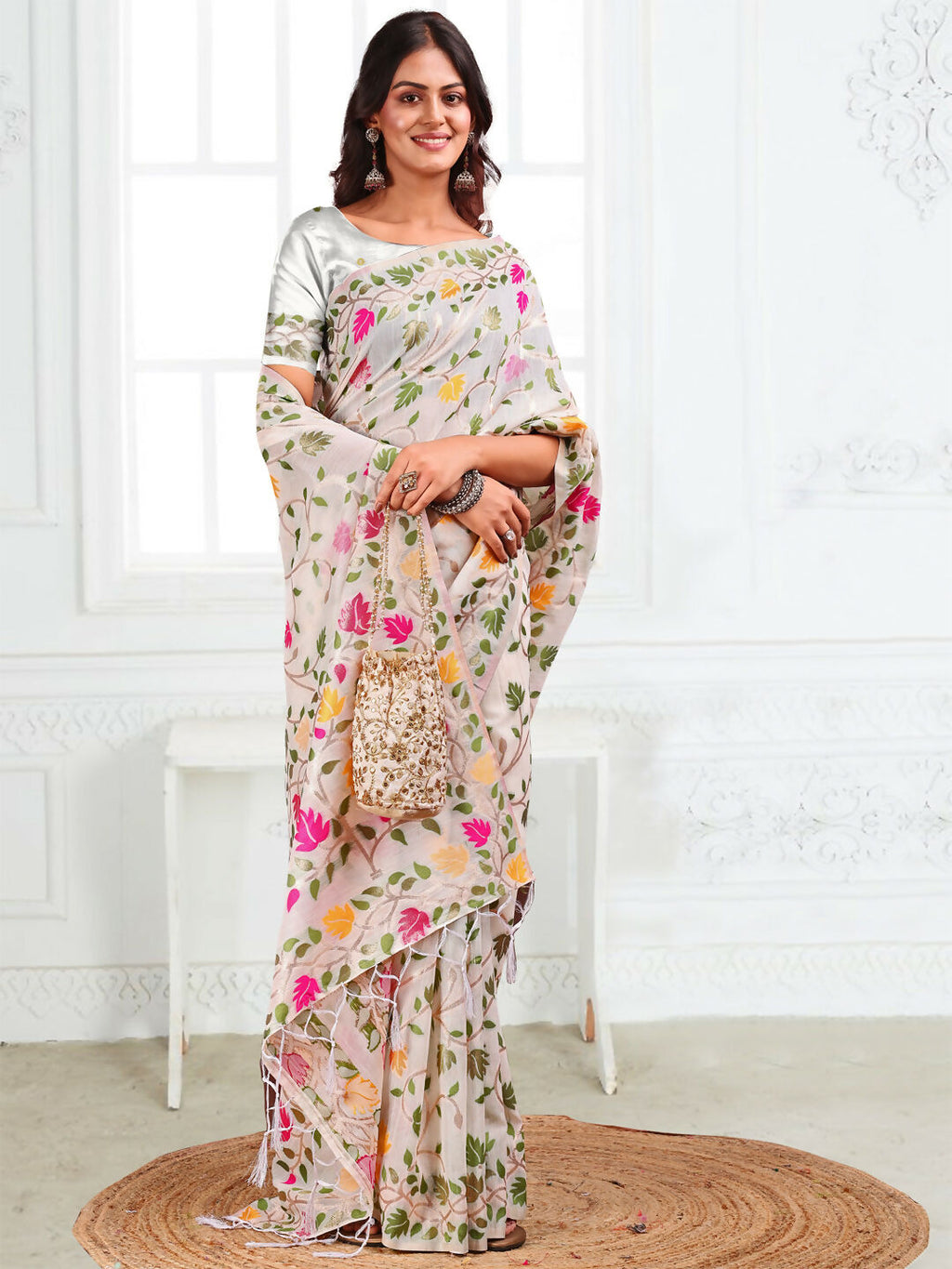 Shree Shyam Fashion Linen Cotton White Saree - Distacart