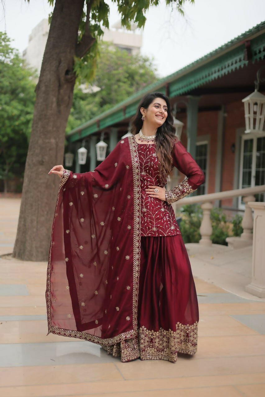 Vastranavya Premium Designer Heavy Sequins & Thread Embroidered work Kurti Palazzo & Dupatta - Maroon