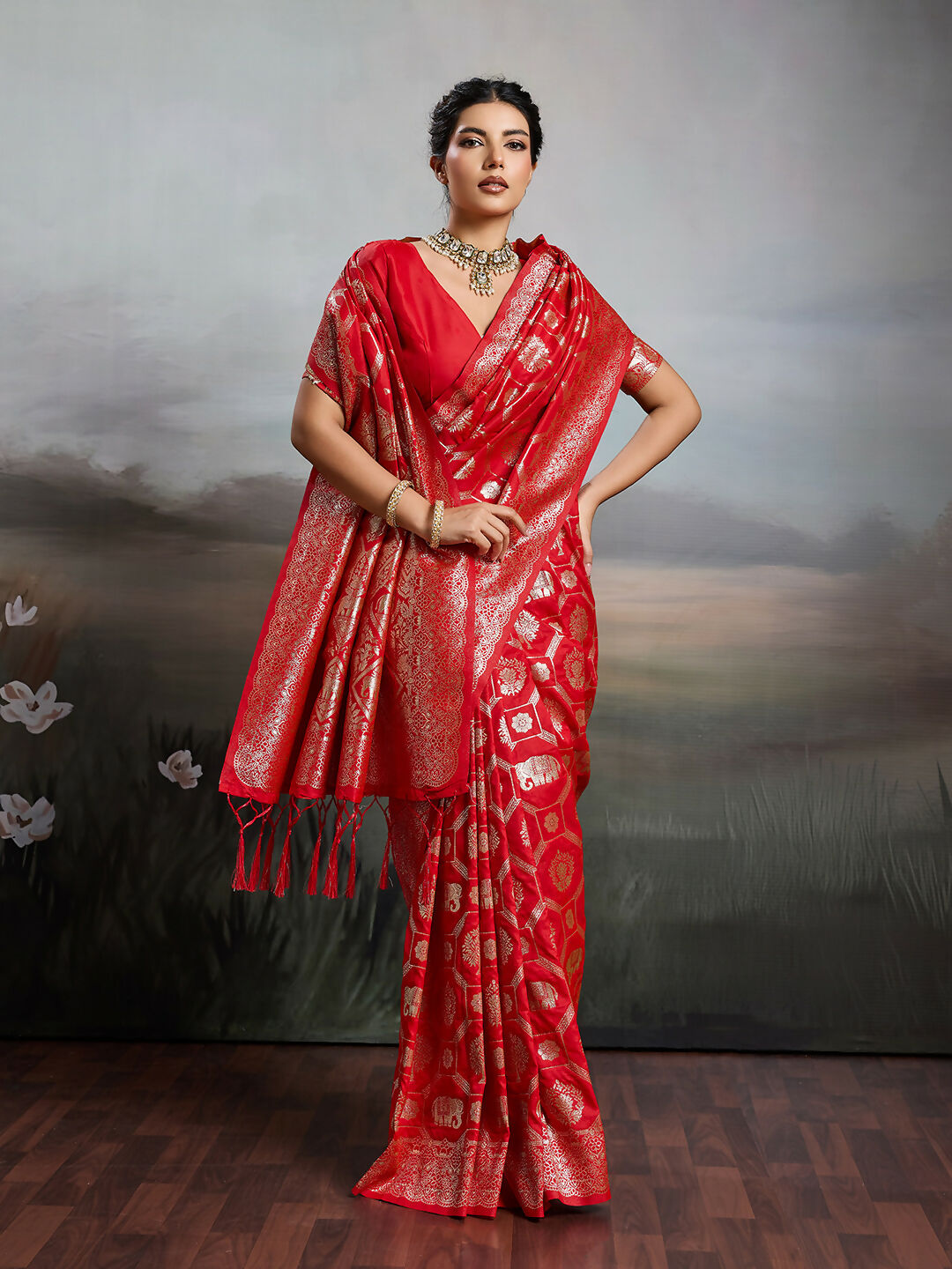 Shree Shyam Fashion Red Silk Blend Saree - Distacart