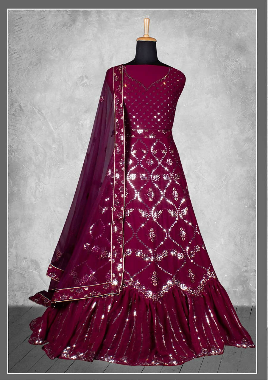 Wine Georgette Embroidery & Sequence Work Bridal lahenga Choli with Dupatta - Nimaya Pavitra Rista