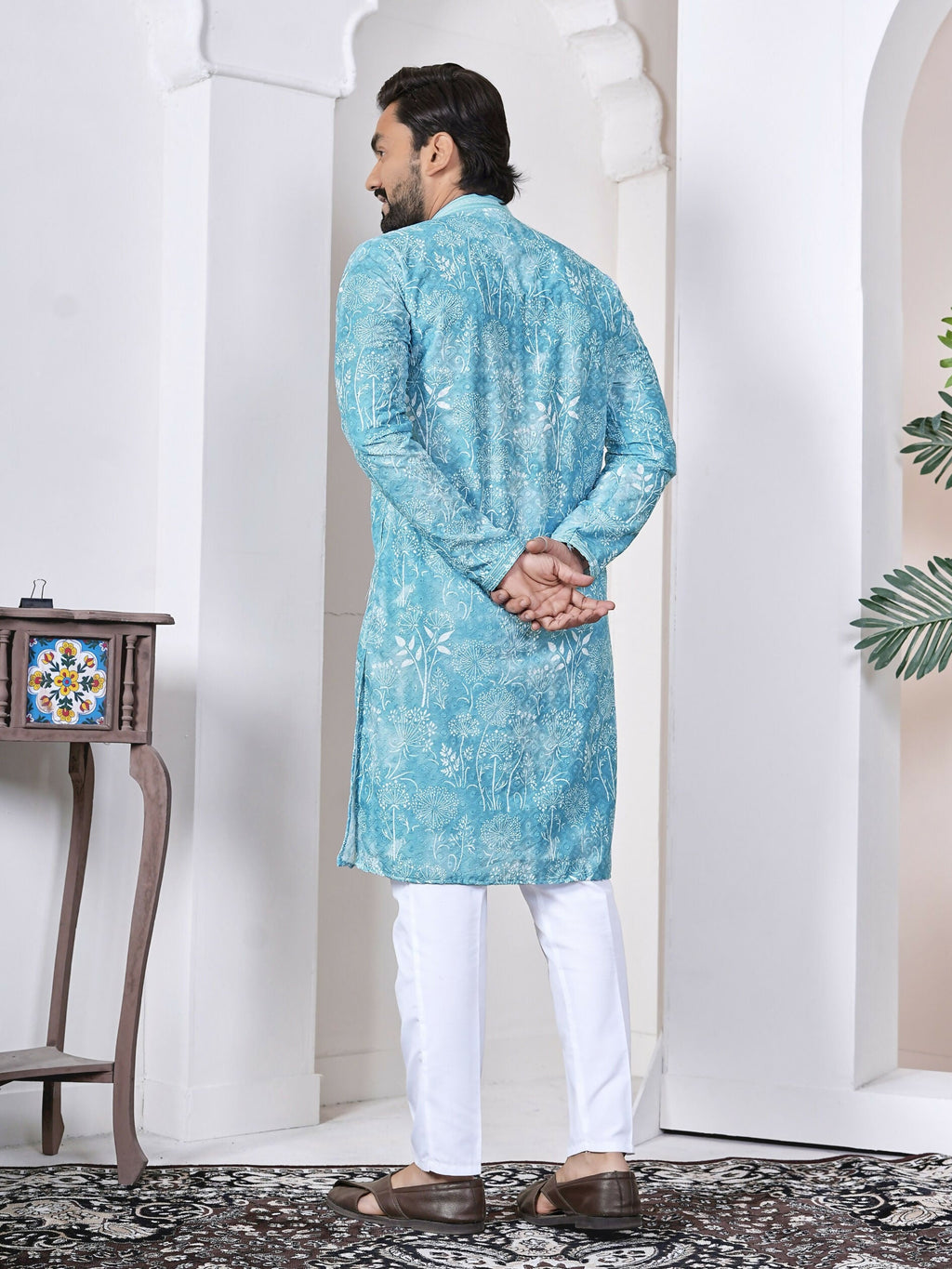 Anaita Sky Blue Digital Printed Work Cotton Straight Kurta