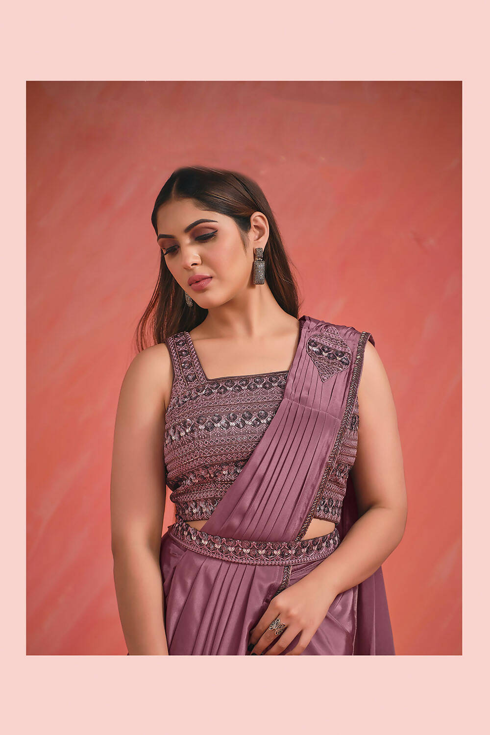 Dusky Wine Crepe Silk Georgette Thread & Sequence with Kardana work Saree With Stitched Blouse - Mohmanthan Elegancia