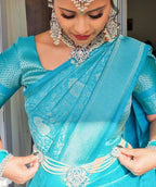 DEIANA'S Beautiful Designer Golden zari Soft Lichi Silk Saree - Sky