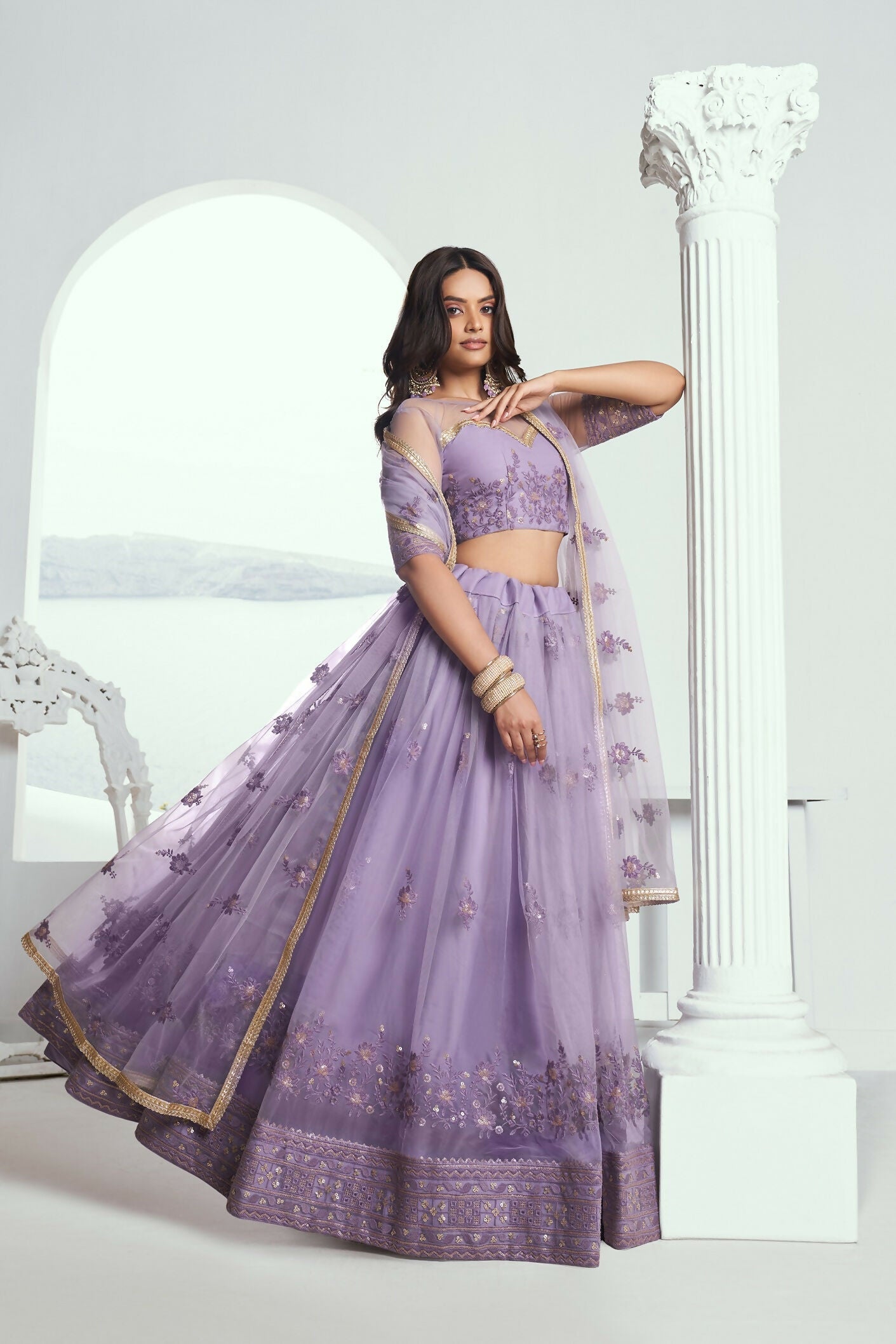 Eilara Elegance Lavender Net With Embroidered And Thread Zari Sequence Function Wear Lehenga Choli
