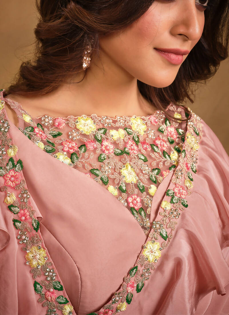 Pink Crepe Georgette Silk Designer Saree with Unstitched Blouse - Norita Mahitha