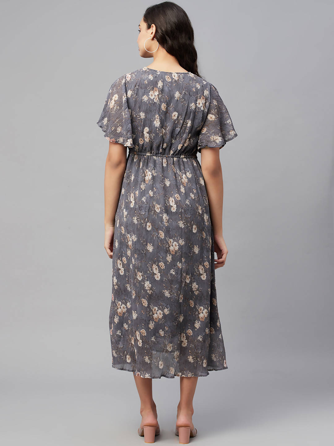 Myshka Women Grey Printed Half Sleeve V Neck Dress - Distacart
