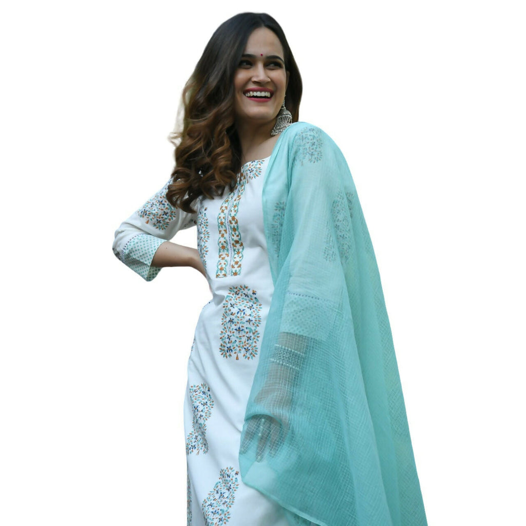 Vamika Poly Rayon Printed White & Sea Green Party Wear/Casual Wear/Office Wear Kurta Set/Suit