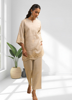 Joban Fashion Beige Linen Embroidered Readymade Cord Set - Distacart
