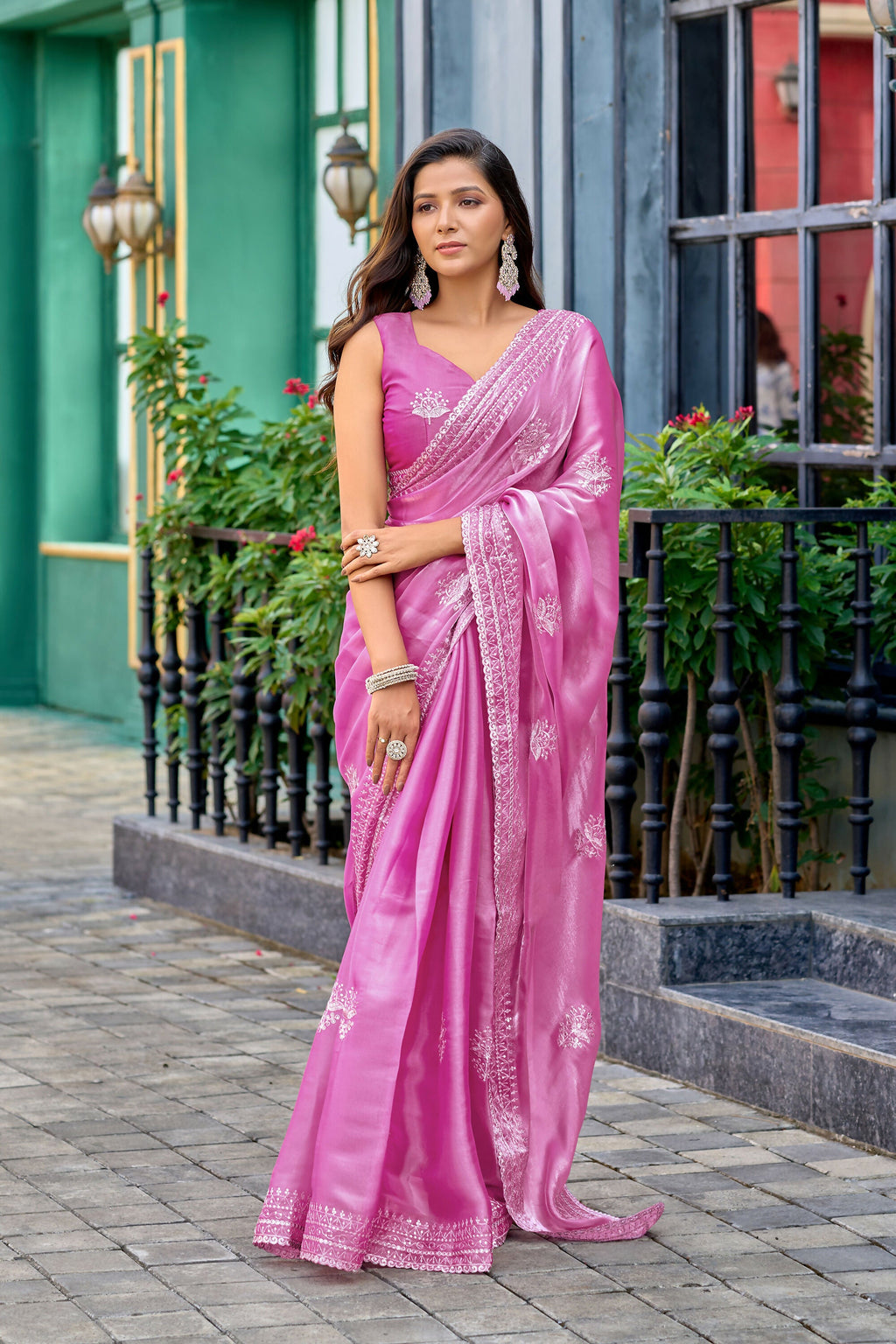 Vastranavya Baby Pink Embroidery Work Shimmer Chiffon Saree with Unstitched Blouse - Distacart