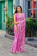 Vastranavya Baby Pink Embroidery Work Shimmer Chiffon Saree with Unstitched Blouse - Distacart
