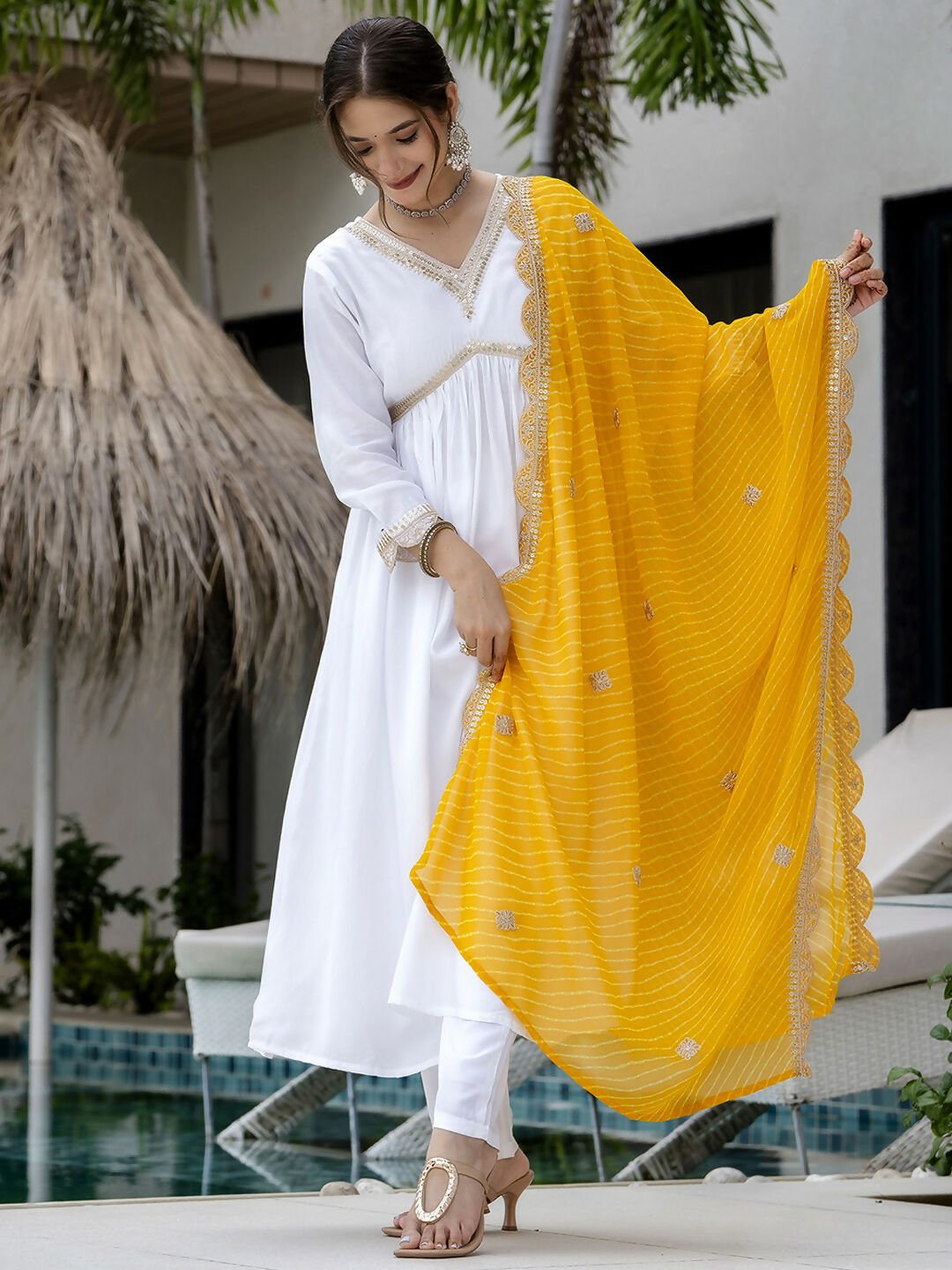 The52 White Women's Gorgeous Embroidered Chanderi Fabric Straight Kurta, Pant and Dupatta Set - Distacart