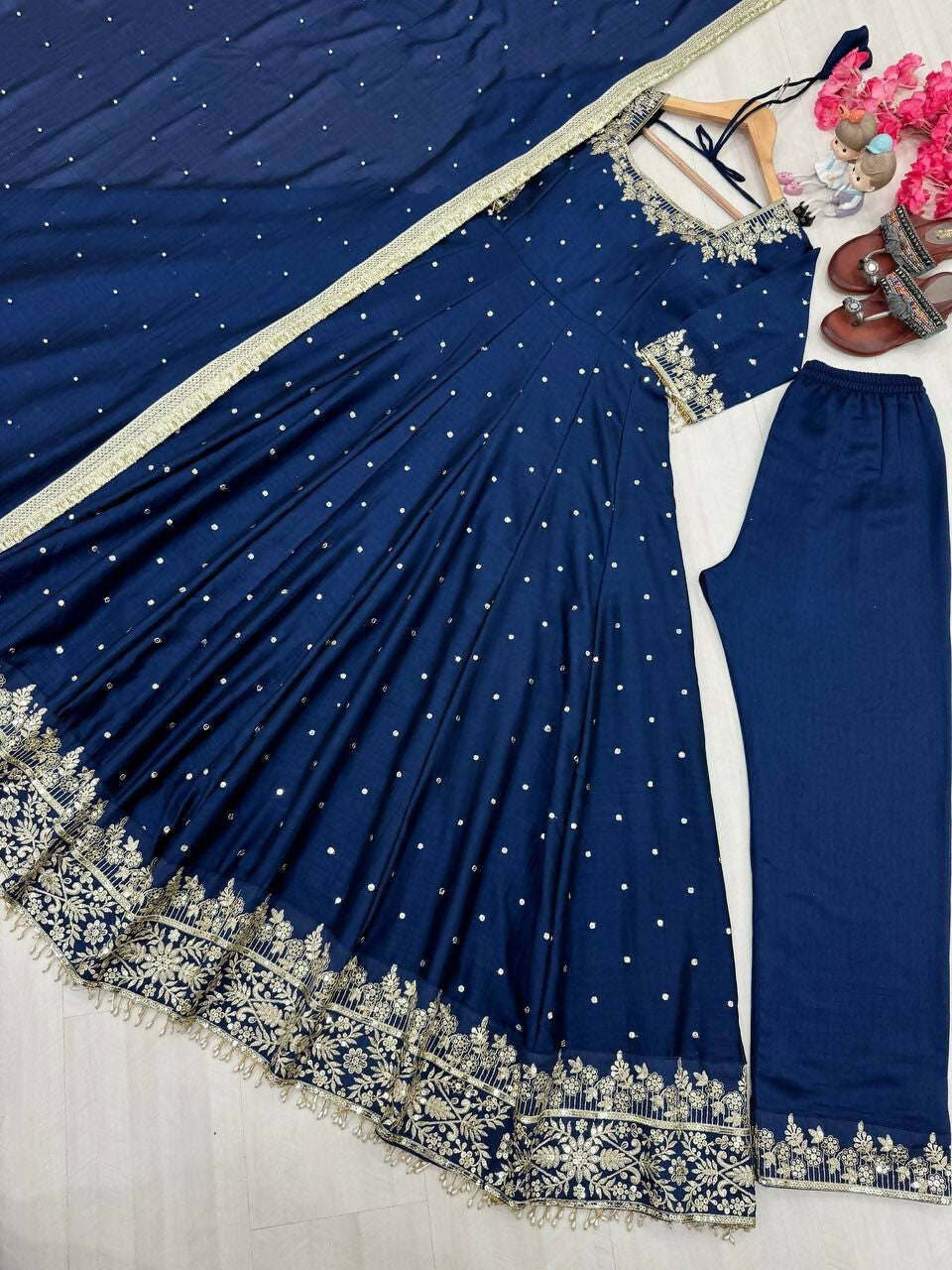 Teeya Creation Royal Blue Color Pure Vichitra Silk Embroidery Work Party Wear Gown - Distacart