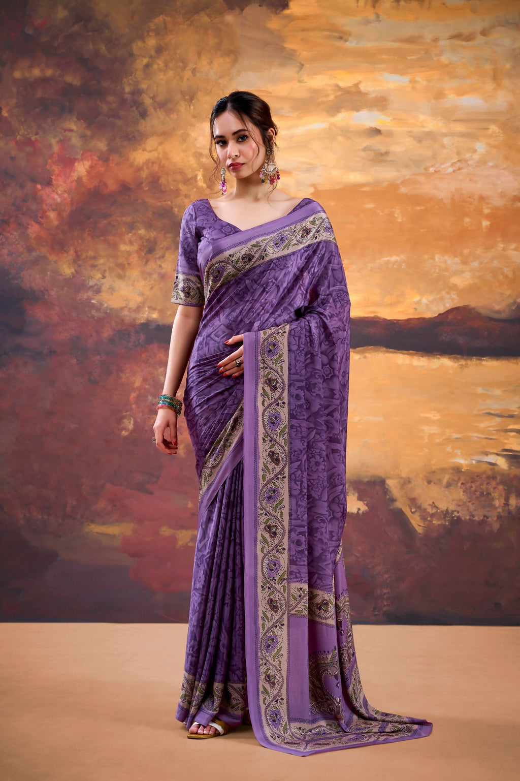 Vastranavya Purple Crepe Printed Saree with Unstitched Blouse - Distacart