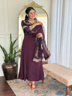 The52 Wine Women's Gorgeous Vichitra Silk Fabric Embroidered Work Flared Anarkali Pant and Dupatta Set - Distacart
