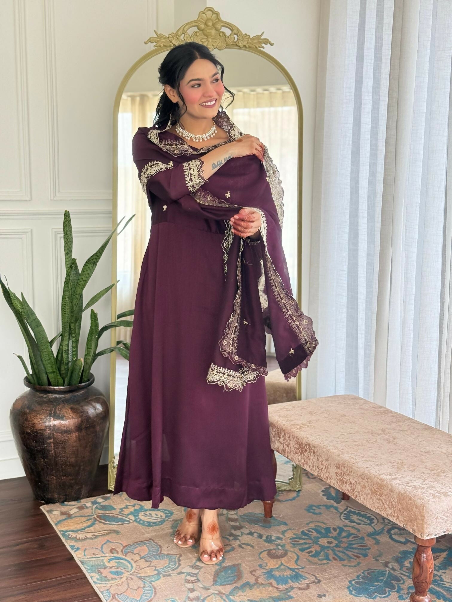 The52 Wine Women's Gorgeous Vichitra Silk Fabric Embroidered Work Flared Anarkali Pant and Dupatta Set - Distacart