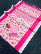 Prime Volt Linen Cotton Pink Printed Saree with Contrast Zari Border and Designer Blouse - Distacart