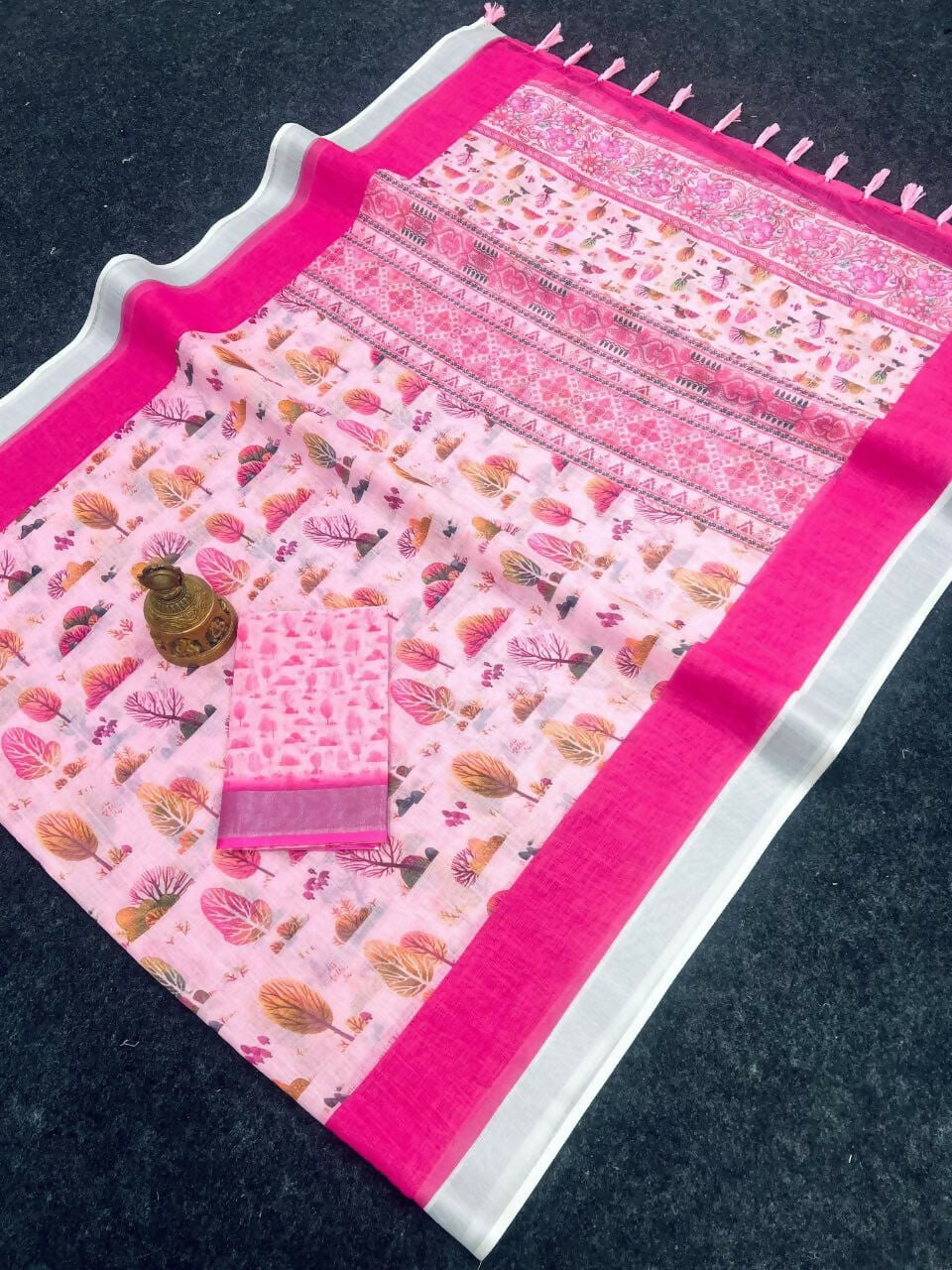Prime Volt Linen Cotton Pink Printed Saree with Contrast Zari Border and Designer Blouse - Distacart